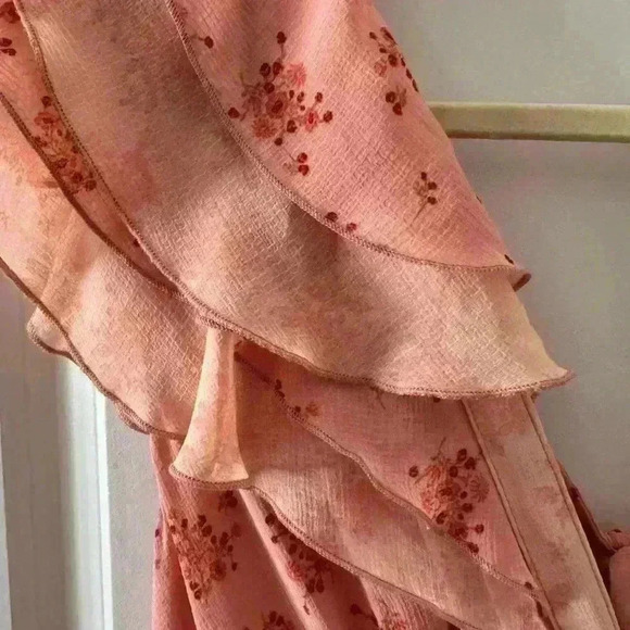 🍑FREE PEOPLE Joaquin Ruffle Plunge Dress ~NEW~ Peach Combo 🍑~HARD TO FIND~Large - Picture 7 of 11